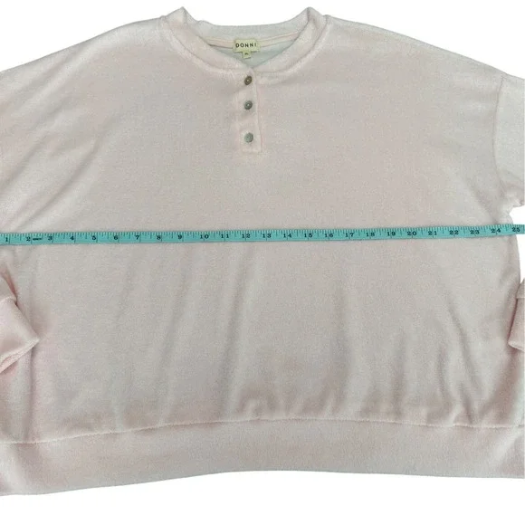 DONNI. Womens Terry Henley Pullover Sweatshirt Top Size XL Pink 3 Button Cropped - Picture 7 of 11